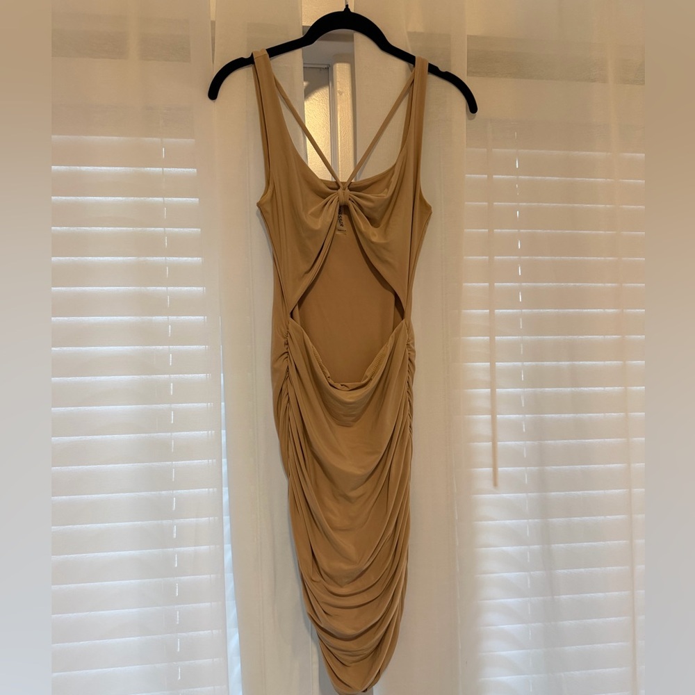 Backless Ruched Tan Bodycon Dress with Cutout Detail
